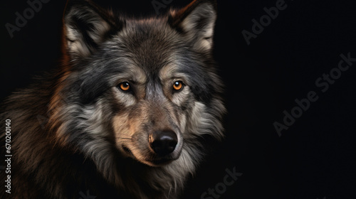 Portrait of a wolf with yellow eyes and a black background