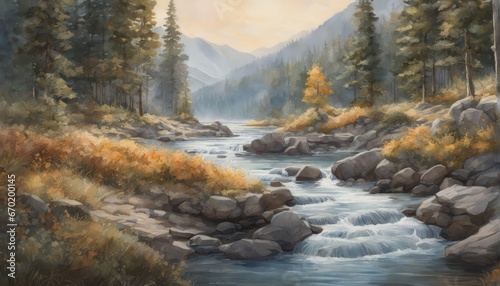 mountain river and forest. watercolor painting illustration mountain river and forest. watercolor painting illustration beautiful river in the mountains
