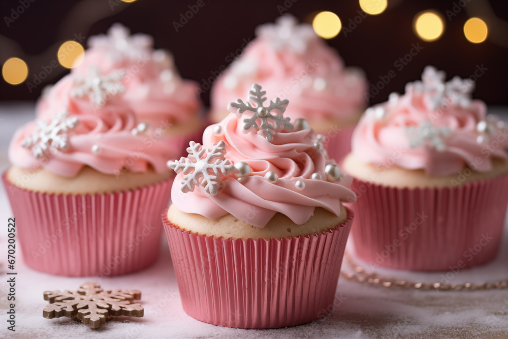 Christmas cupcakes or muffins with pink cream, over bokeh lights background Christmas cupcakes or muffins with pink cream, over bokeh lights background