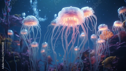 A serene, underwater world with Echinacea blossoms that appear to float like ethereal jellyfish, emitting a gentle, otherworldly glow.