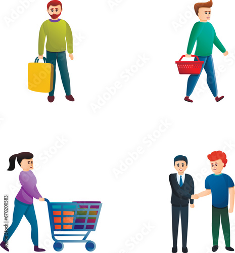 Family shopping icons set cartoon vector. Man and woman with purchase. Big sale