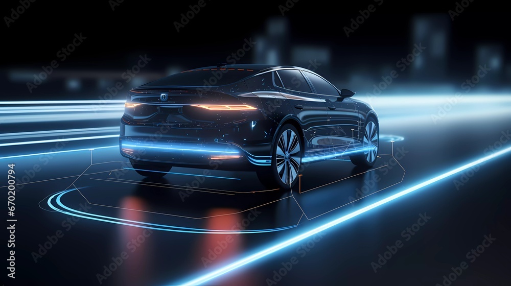 High-Tech Electric Car on Illuminated Roadway High-Tech Electric Car on Illuminated Roadway