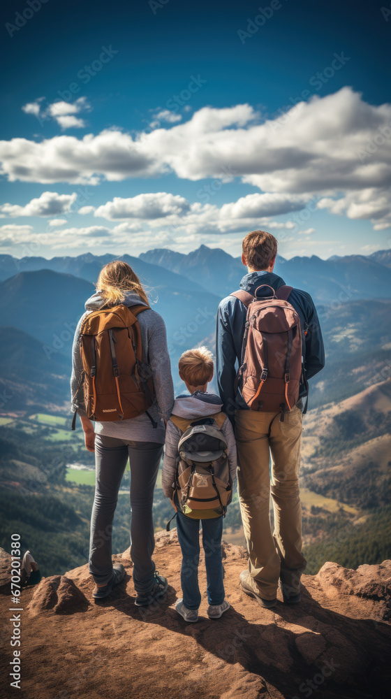 A family of travelers standing on top of a mountain , goal achieved, active tourism and mountain travel