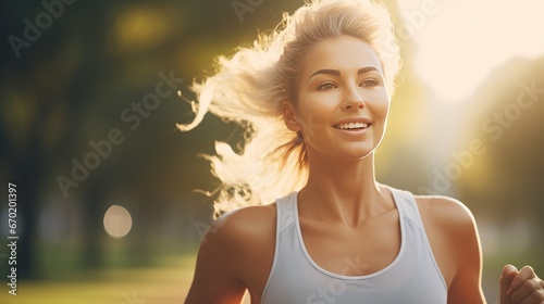 Mid adult woman is jogging outside