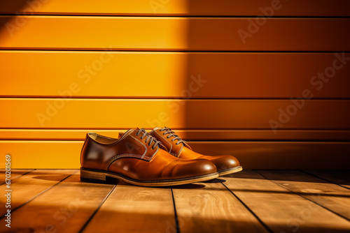 Pair of brown shoes sitting on top of wooden floor next to orange wall. photo