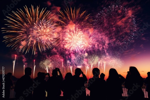 Silhouettes of people watching and photographing colorful fireworks on their phones. Festive background, pyrotechnics, lights, New Year, celebration, party