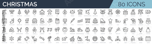 Canvas-taulu Set of 80 outline icons related to christmas