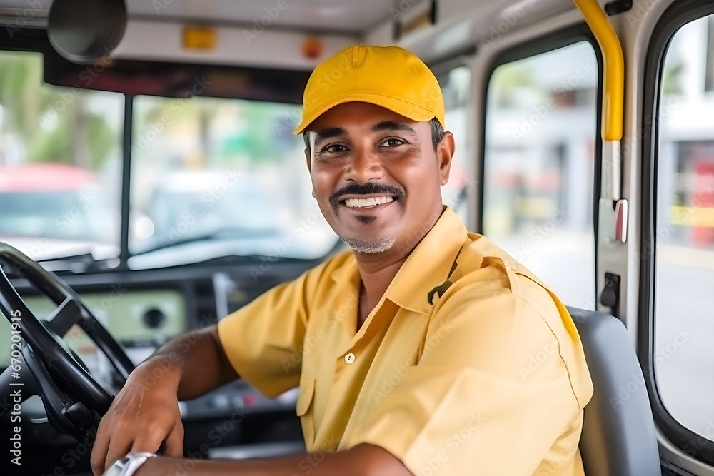 Latino bus driver, smiling at the camera, trades Latino bus driver, smiling at the camera, trades