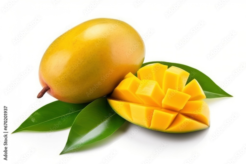 Ripe juicy whole and cut mango with green leaves on a white background. Exotic tropical fruit