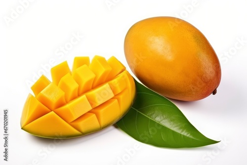 Ripe juicy whole and cut mango with green leaves on a white background. Exotic tropical fruit