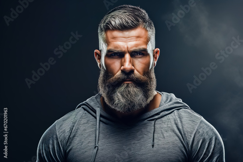 Portrait of a athletic muscular bearded man posing on a grey background.