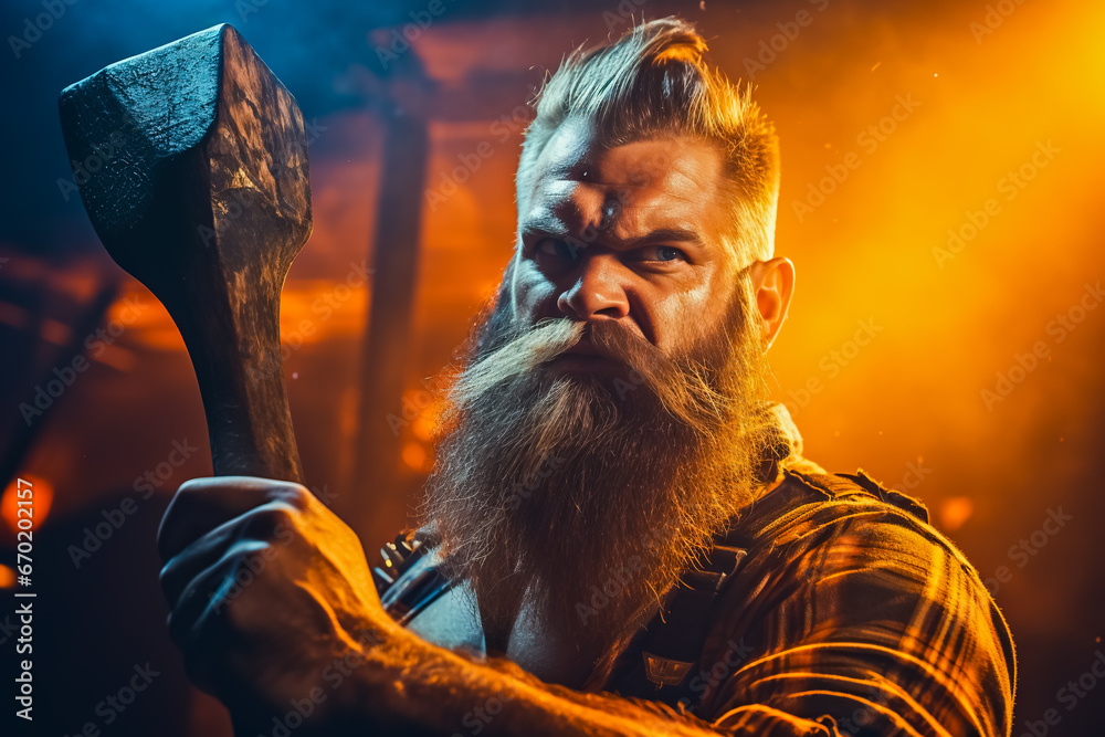 Portrait of a real bearded man with an axe. Bearded lumberjack with an ax in his hand.