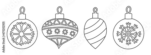 Christmas tree decoration toys set, doodle style flat vector outline for coloring book
