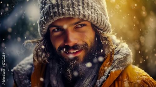 Portrait of a young handsome man with a beard covered in icicles and snowflakes. A person close up of a snowy bearded man in winter.