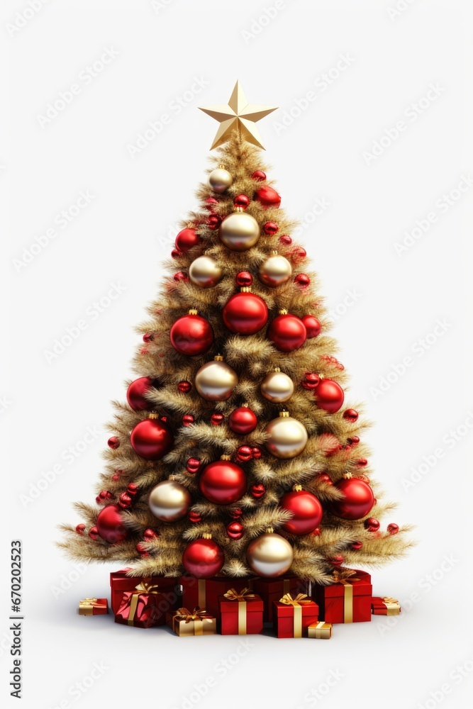 A festive Christmas tree adorned with red and gold ornaments. Perfect for holiday decorations and seasonal designs.