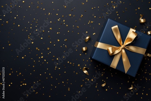 A blue gift box with a gold bow on a sleek black background. Perfect for birthdays, anniversaries, or any special occasion. Can be used for gift-giving, celebrations, or holiday themes.