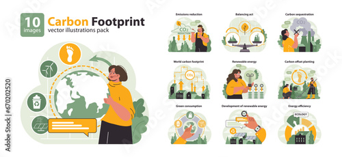 Carbon Footprint set. Insight into global CO2 impact. Emissions reduction, world carbon mapping, green consumption. Renewable energy progression, offset planting, and energy conservation. Flat vector