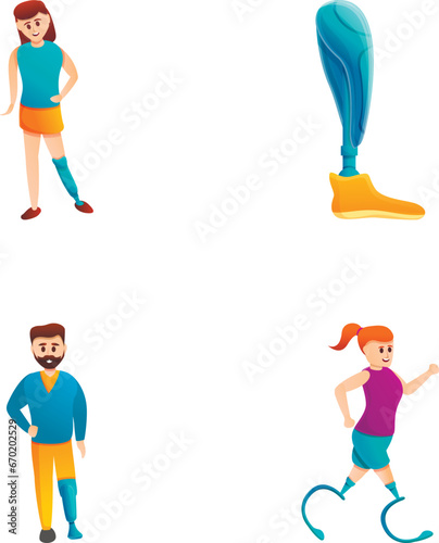 Disability icons set cartoon vector. Human with prosthesis play sport. Bionics, biomechatronics