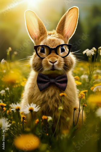 Rabbit wearing glasses and bow tie standing in field of flowers.