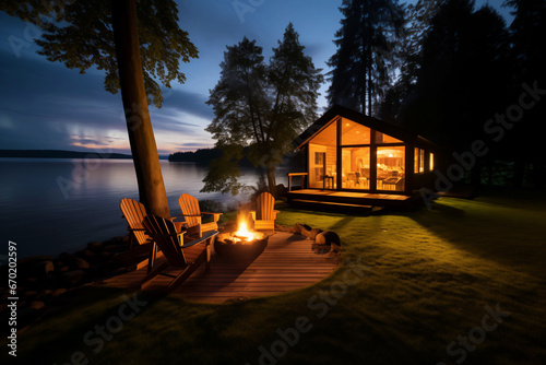 modern cabin with fire pit area on the lake. holiday getaway destination photo