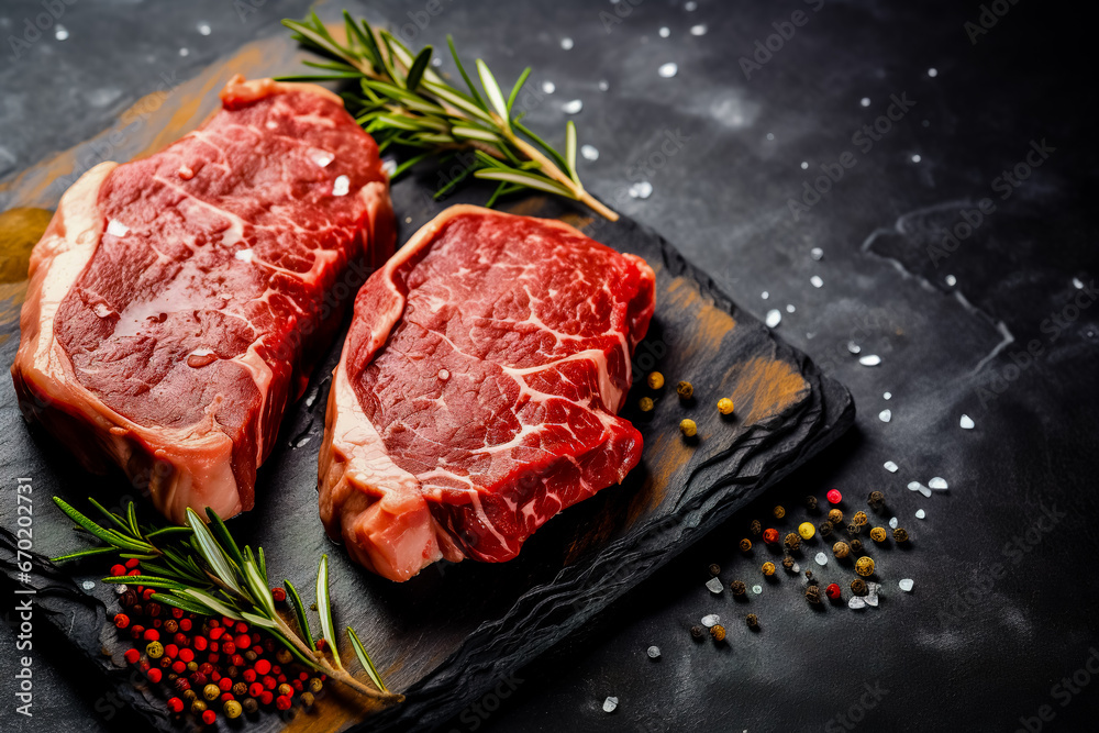 Raw organic marbled beef steaks with spices on a wooden cutting board on a black slate, stone or concrete background.
