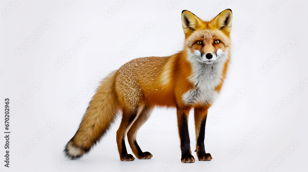 Red fox standing on white background.