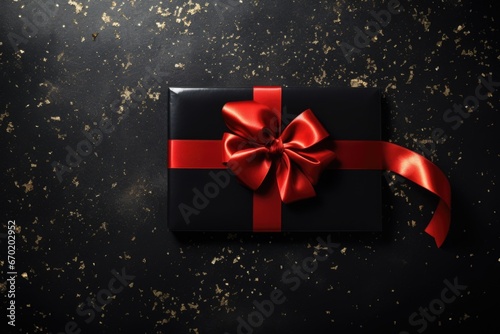 A black gift box with a red ribbon. Perfect for birthdays, anniversaries, or any special occasion. Can be used to symbolize love, celebration, or surprise.