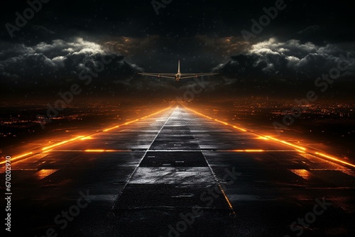 Illuminated runway under the night sky. Generative AI photo