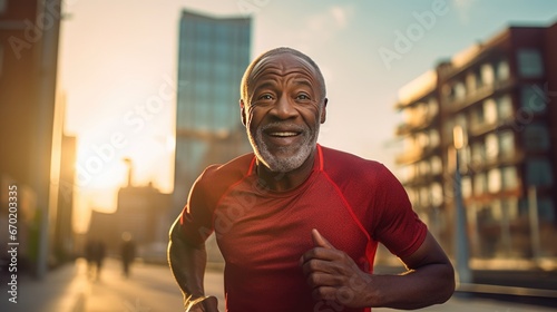 Senior African American man is jogging outside