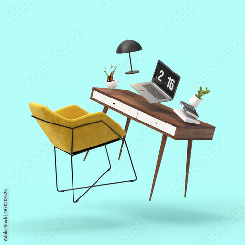 Tableau sur toile Zero gravity white interior home office room 3 D Illustration