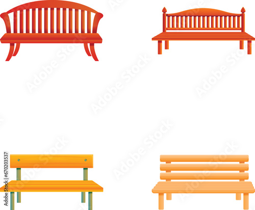 Wooden bench icons set cartoon vector. Bench for park or garden. Outdoor furniture