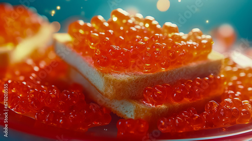 Sandwiches with red caviar on white plate close up.