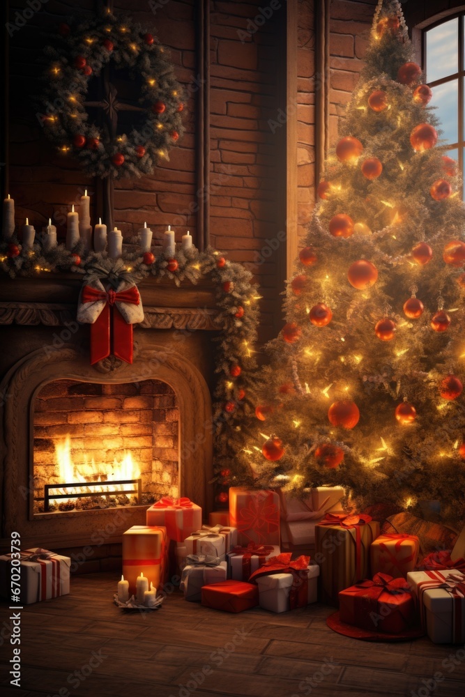 A festive Christmas tree adorned with colorful presents, placed in front of a cozy fireplace. Perfect for holiday-themed designs and greeting cards.