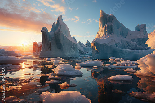 A group of icebergs floating on top of the ocean. Sun, global warming concept.