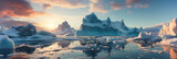 A group of icebergs floating on top of the ocean. Sun, global warming concept.