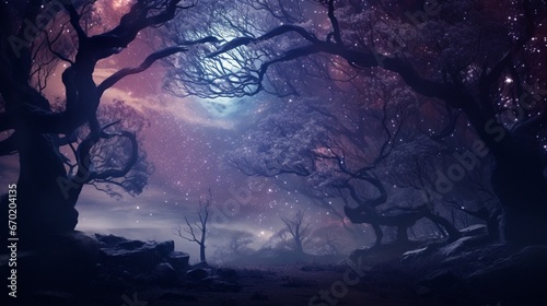 A breathtaking view of an otherworldly forest with iridescent  crystalline trees under a starry sky.