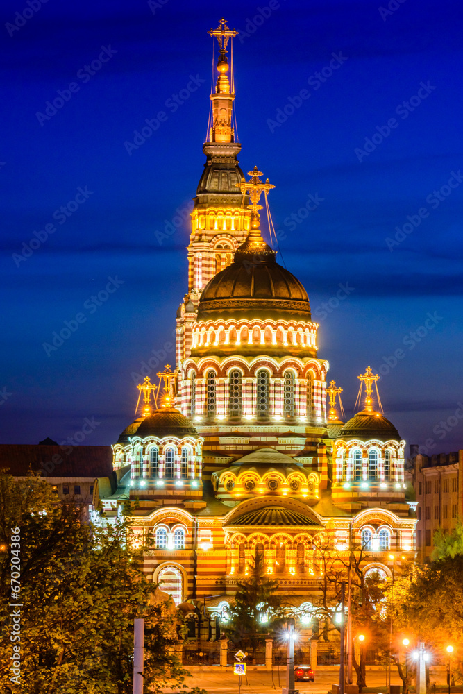 View of the illuminated Annunciation cathedral in Kharkiv, Ukraine