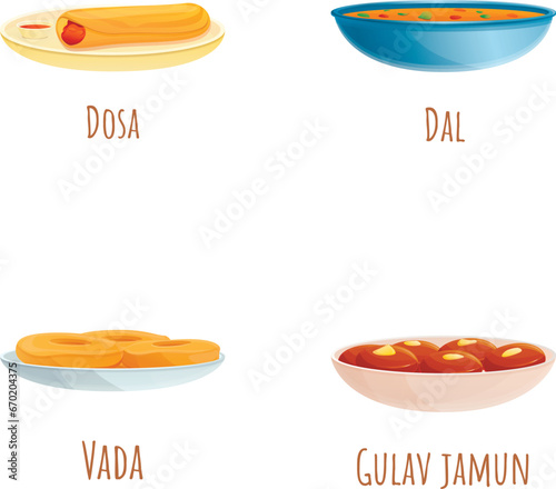 Indian food icons set cartoon vector. Traditional indian meal. Asian food
