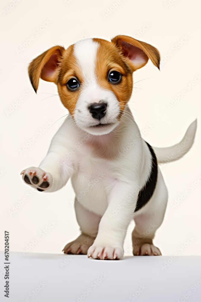 Small brown and white Jack Rassel Teriere puppy sitting on top of white background.