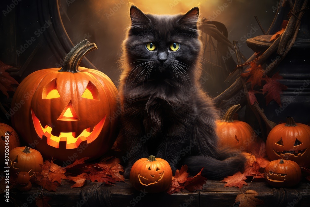 Halloween cat with pumpkin - generative ai Halloween cat with pumpkin - generative ai