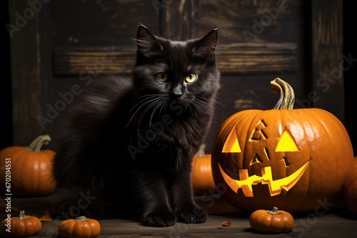 Halloween cat with pumpkin - generative ai