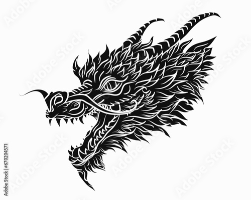 Black solid traditional Chinese or Japanese dragon head in hand drawn style isolated on white background. Mythology Asian animal or monster  devil. Ink oriental dragon for t-shirt prints or tattoo 