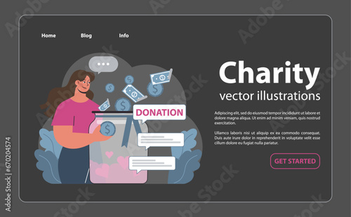 Charity and charitable foundation night mode or dark mode web banner or landing page. Help for people in need. Humanitarian aid, donations, volunteering support. Flat vector illustration