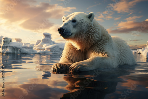 A polar bear is sitting in the water. Sun on background, global warming.