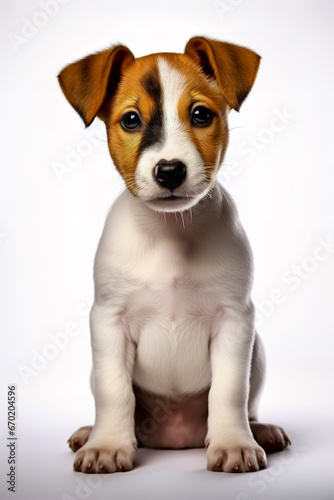 Small brown and white Jack Rassel Teriere puppy sitting on top of white background. © leo_nik