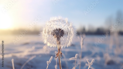 A single Diamond Dust Dandelion seedhead covered in glistening ice crystals, set against a serene winter landscape. photo