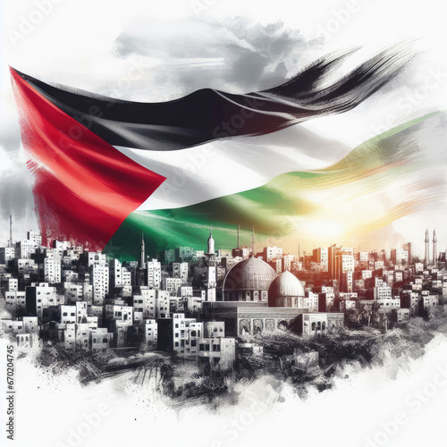 Palestinian flag on the image of Palestine and Gaza