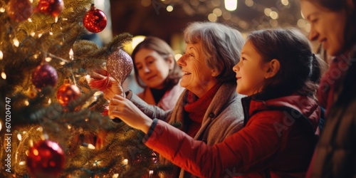 A group of people can be seen hanging ornaments on a Christmas tree. This image can be used to depict the festive tradition of decorating a Christmas tree with loved ones. © Fotograf