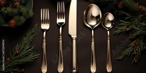 A set of silverware placed neatly on a black table. Perfect for food-related designs and restaurant themes
