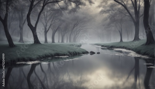 a foggy morning on a river with a mysterious fog in the background, illustration arta foggy morning on a river with a mysterious fog in the background, illustration art beautiful foggy autumn landscap © Shubham